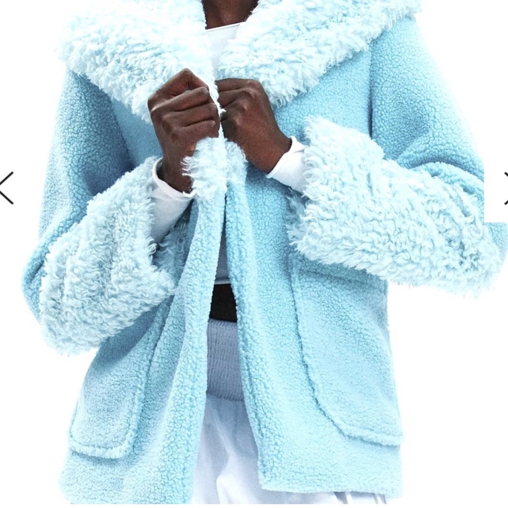 ❄️✌🏽 Urban Outfitters UO Elsa 70s Boho Teddy Kimchi Blue Faux Fur Blue Coat S - Picture 8 of 14